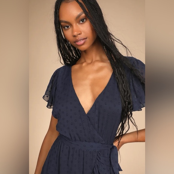 Have Harmony Navy Blue Swiss Dot Ruffled Faux Wrap Midi Dress - Picture 4 of 5